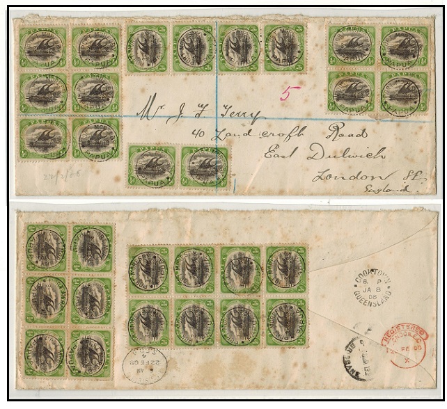 PAPUA - 1908 1/3d rate registered cover to UK made up from 1/2d (x30) used at PORT MORESBY.