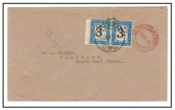 SOUTH WEST AFRICA - 1928 stampless PHILATELIC EXHIBITION/DURBAN cover with 3d postage dues added.