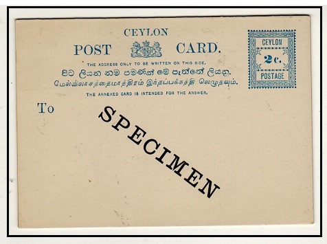 CEYLON - 1893 2c+2c blue PSRC unused struck SPECIMEN.  H&G 29.