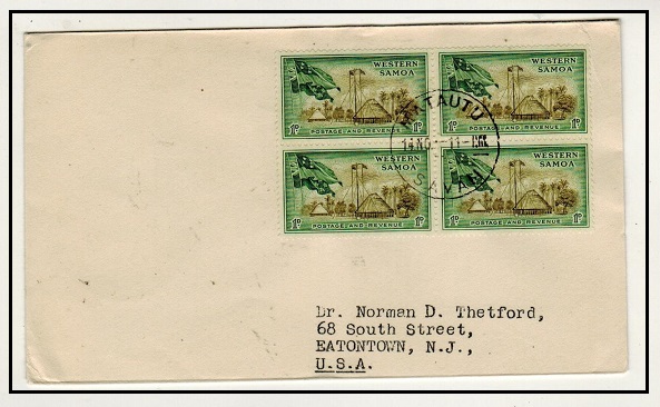 SAMOA - 1952 4d rate cover to USA used at MATAUTU.