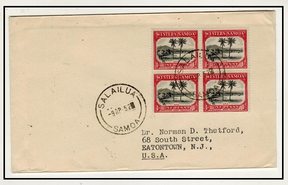 SAMOA - 1952 4d rate cover to USA used at SALAILUA.