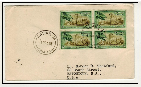 SAMOA - 1952 4d rate cover to USA used at SALAILUA.