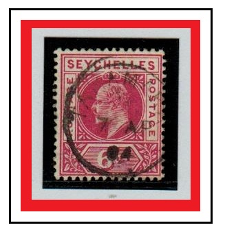 SEYCHELLES - 1903 6c carmine struck TAKAMAKA.
SG 48.