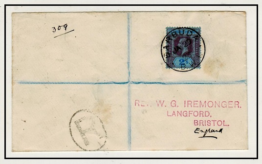 BARBUDA - 1923 2/- rate registered cover to UK used at BARBUDA.