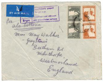 PALESTINE - 1940 cover to UK with INSUFFICIENTLY PRE-PAID violet handstamp.
