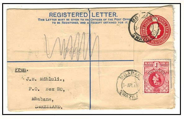 SWAZILAND - 1938 4d red RPSE uprated locally and used at MBABANE.  H&G 3.