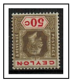 CEYLON - 1912 50c black and scarlet fine mint with WATERMARK INVERTED.  SG 314a.