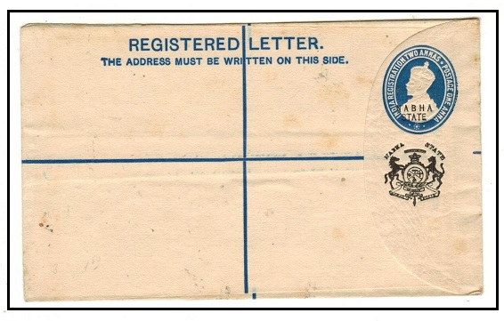 INDIA - 1930 2a+1a blue on cream RPSE unused.  H&G 5.