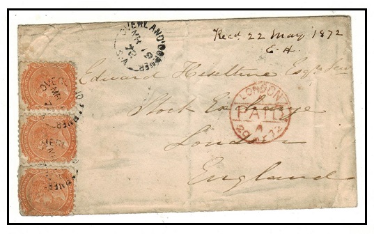 SOUTH AUSTRALIA - 1872 6d rate cover to UK used at OVERLAND CORNER.