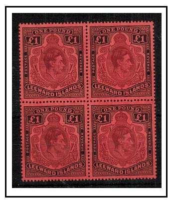 LEEWARD ISLANDS - 1945 1 brown-purple and black on salmon U/M block of four.  SG 114b.