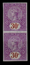 CEYLON - 1893 30c IMPERFORATE PLATE PROOF vertical pair.