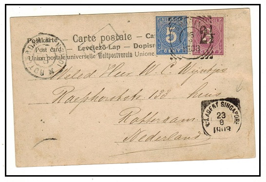 SINGAPORE - 1903 use of postcard to Rotterdam via SAMARINDA with 