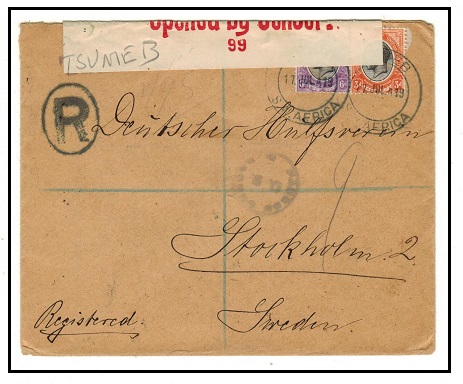 SOUTH WEST AFRICA - 1919 9d rate registered censored cover to Sweden used at TSUMEB.