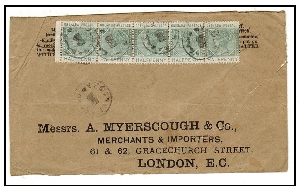 GRENADA - 1896 2 1/2d rate cover to UK (fault) with rare GRENADA/B parish cancel of Victoria.