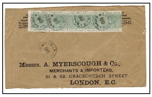 GRENADA - 1896 2 1/2d rate cover to UK (fault) with rare GRENADA/B parish cancel of Victoria.