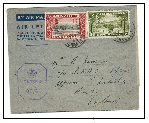 SIERRA LEONE - 1945 use of FORMULA air letter to UK struck by scarce crowned 