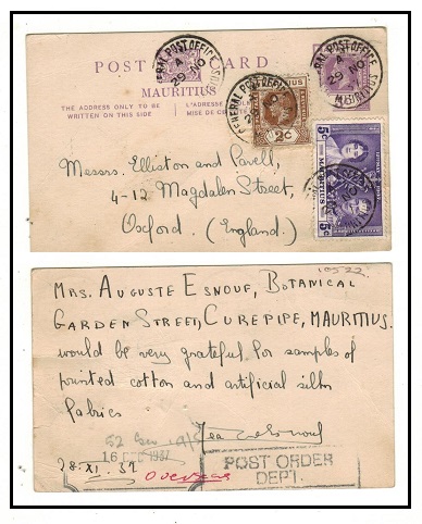 MAURITIUS - 1932 3c violet PSC uprated to UK used at GENERAL POST OFFICE/MAURITIUS.  H&G 32.