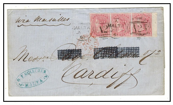 MALTA - 1861 1/- (4dx3) rate wrapper to UK cancelled  by 