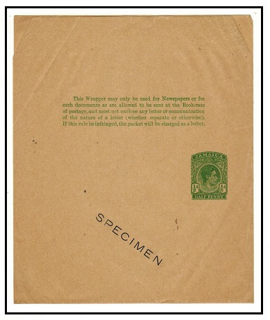 JAMAICA - 1937 1/2d yellow green postal stationery wrapper unused SPECIMEN.  H&G 4.