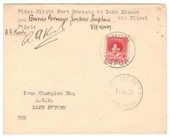 PAPUA - 1937 pilot signed LAKE KUTUBU first flight cover. Only 17 flown.