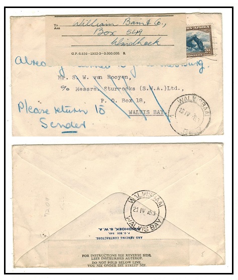 SOUTH WEST AFRICA - 1953 undelivered local cover with 