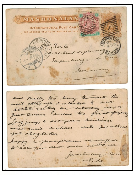 RHODESIA - 1893 1 1/2d brown orange PSC uprated to Germany (tone spots) used at KOPJE.  H&G 6.