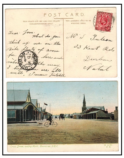 ORANGE RIVER COLONY - 1905 1d rate postcard use to Natal used at KROONSTADT STATION.
