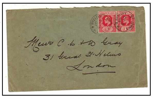 ANTIGUA - 1907 2d rate cover to UK using Leeward Island adhesives at ST.JOHNS.