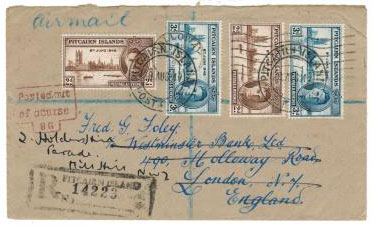 PITCAIRN ISLAND - 1947 cover to UK struck POSTED OUT OF COURSE.