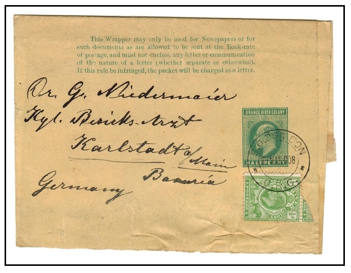 ORANGE RIVER COLONY - 1902 1/2d green postal stationery wrapper uprated at S.O.DON DON.