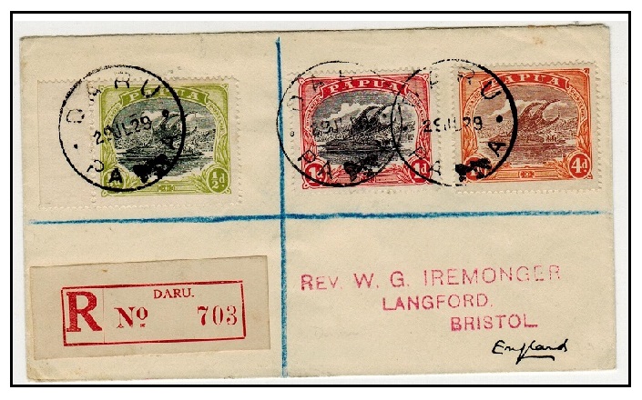 PAPUA - 1929 registered cover to UK used at DARU.