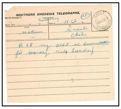 SOUTHERN RHODESIA - 1933 SOUTHERN RHODESIA TELEGRAPHS form used at CHIBI.