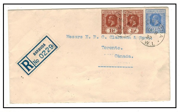 BARBUDA - 1937 registered cover to Canada bearing Leeward adhesives used in BARBUDA.