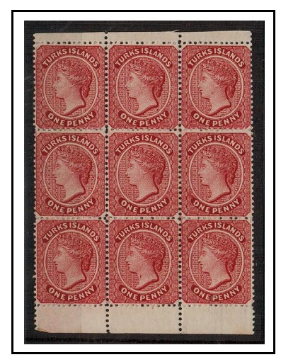 TURKS AND CAICOS IS - 1889 1d crimson-lake mint block of 9 with THROAT FLAW.  SG 62b.