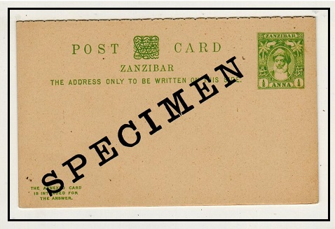 ZANZIBAR - 1899 1/2a+1/2a green PSRC unused handstamped SPECIMEN.  H&G 11.