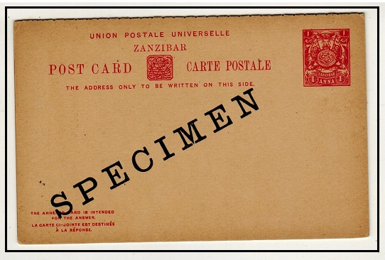 ZANZIBAR - 1904 1a+1a red PSRC unused diagonally handstamped SPECIMEN.  H&G 16.