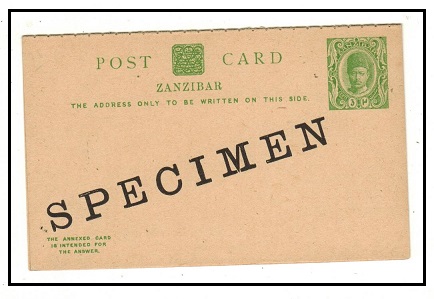 ZANZIBAR - 1908 3c+3c green PSRC unused with SPECIMEN handstamped diagonally.  H&G 19.