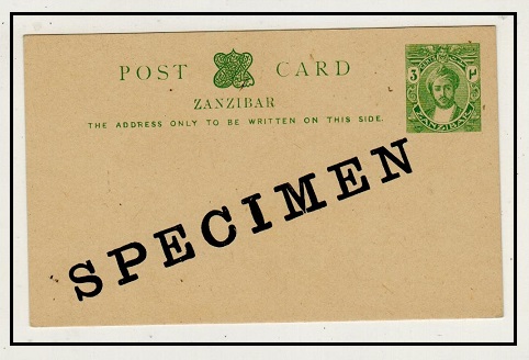 ZANZIBAR - 1913 3c green PSC unused diagonally handstamped SPECIMEN.  H&G 21.