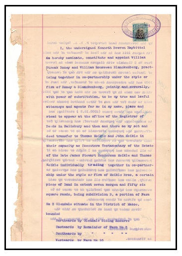 RHODESIA - 1914 official document sheet bearing 1/- admiral.