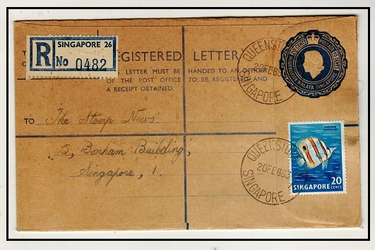 SINGAPORE - 1955 20c blue RPSE uprated locally used at QUEENSTOWN. H&G 3.