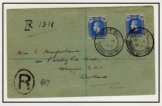 CAYMAN ISLANDS - 1931 5d rate registered cover to UK used at WEST BAY.