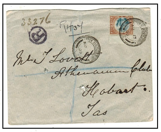 NEW ZEALAND - 1905 1 1/2d rate registered cover to Tasmania used at UPPER SYMONDS STREET.
