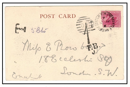 WESTERN AUSTRALIA - 1904 1d rate postcard use to UK used at FREEMANTLE RAILWAY STATION.