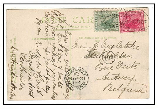 WESTERN AUSTRALIA - 1908 1 1/2d rate postcard use to Belgium used at SUBIACO.