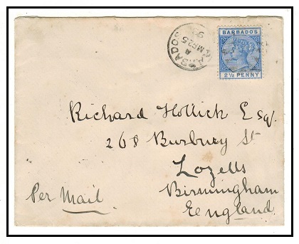 BARBADOS - 1893 2 1/2d rate cover to UK.