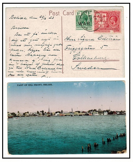 BRITISH HONDURAS - 1923 3c rate postcard use to Sweden with 1c 