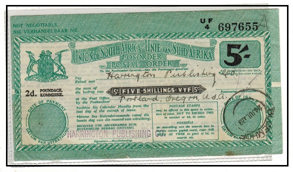 SOUTH AFRICA - 1939 use of 5/- POSTAL ORDER issued at BLOEMHOF.