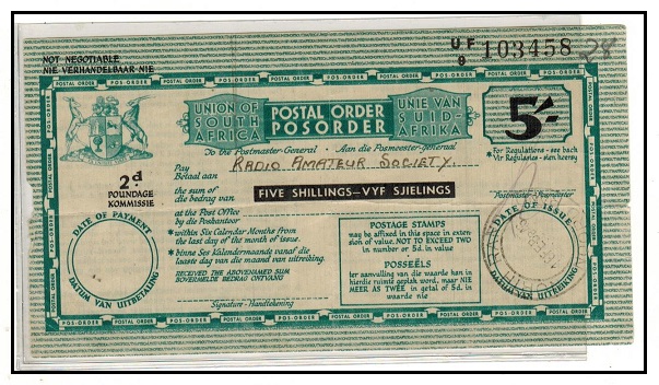 SOUTH AFRICA - 1946 use of 5/- POSTAL ORDER issued at NORTH RAND.