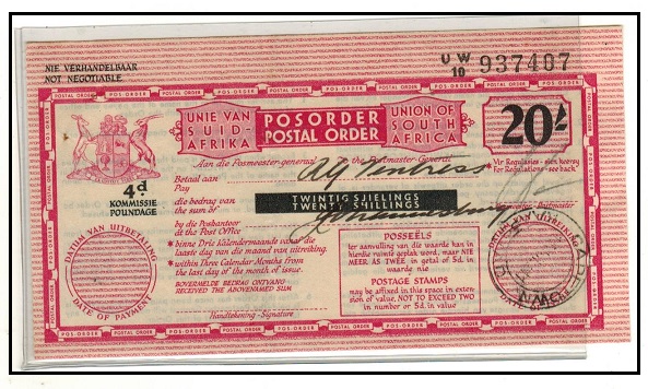 SOUTH AFRICA - 1941 use of 20/- POSTAL ORDER issued at CAPETOWN.