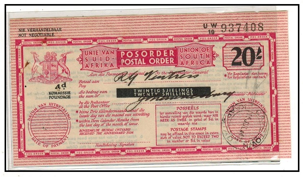 SOUTH AFRICA - 1941 use of 20/- POSTAL ORDER issued at CAPETOWN.